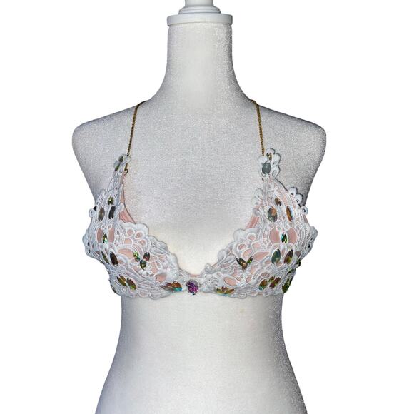 Beautiful Embroidered Bra Swim Wear Size Small White Pink Beach Festivals - Picture 1 of 6
